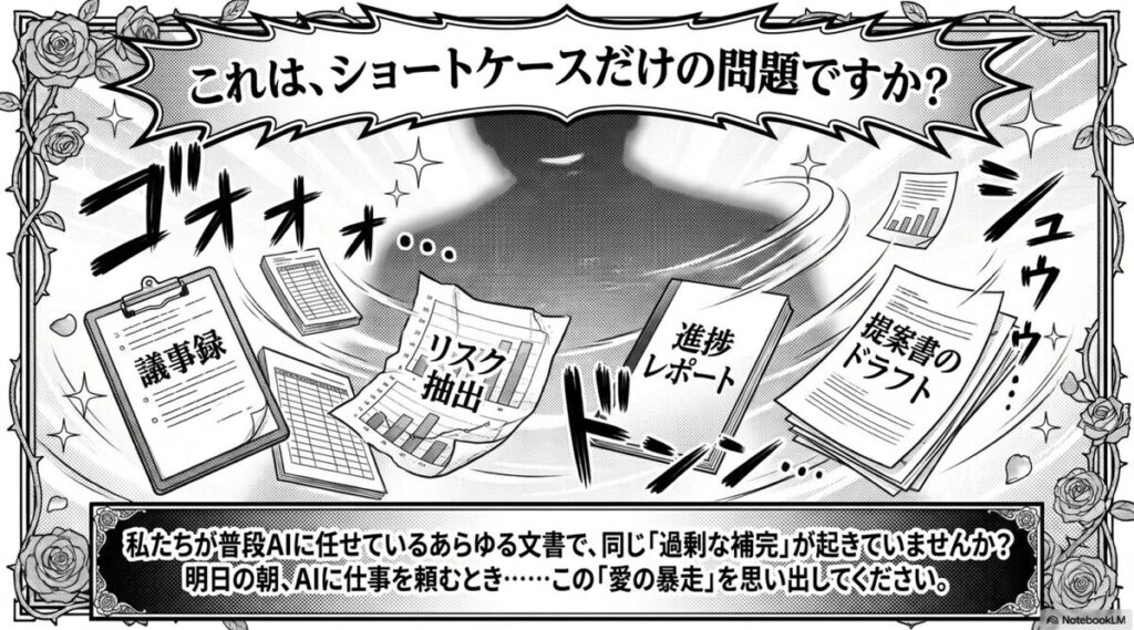 少女漫画風のコマ。議事録、リスク抽出、進捗レポート、提案書のドラフトが渦に吸い込まれていく