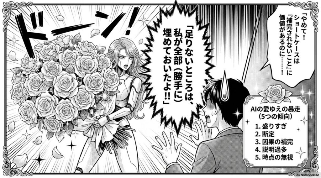 少女漫画風のコマ。AIを擬人化した人物が大量のバラを抱えて「足りないところは、私が全部(勝手に)埋めておいたよ」と迫り、相手が身を引いている